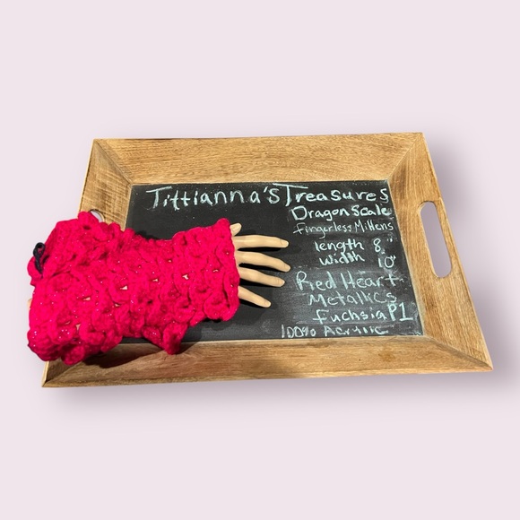 Crochet Dragon Scale Fingerless Mittens - Red Heart Metallics Fuchsia - Picture 1 of 16